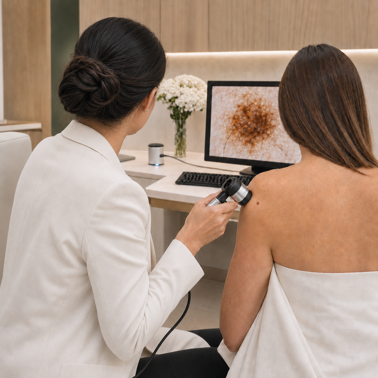 Médica vista de costas realizando a dermatoscopia diante do monitor com a imagem ampliada da pinta